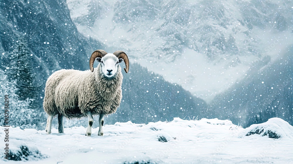 Naklejka premium Majestic Horned Sheep Amidst Snowy Valley: A Stunning Poster for Outdoor Enthusiasts, Perfect for Sporty Interiors and Nature Lovers