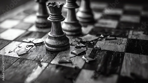A dramatic black and white close-up of a chessboard with fallen pieces, symbolizing defeat and strategy in the game of chess.