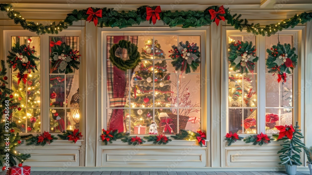 Holiday home scene with windows adorned with festive window clings. Holiday home scene with windows adorned with festive window clings.