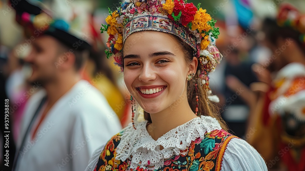 Fototapeta premium Vibrant Culture Unleashed: A Joyful Celebration in Traditional Attire - Perfect for a Colorful Sports Interior Poster!