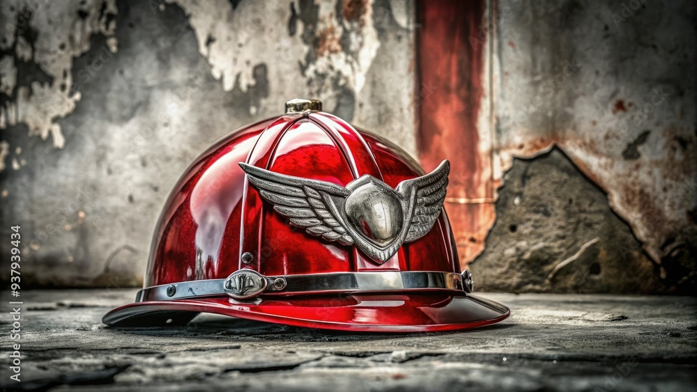 Fototapeta premium A bold, red, chrome-plated firefighter's helmet adorned with a shiny silver eagle emblem rests on a distressed, dirty, gray concrete surface, symbolizing bravery.