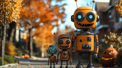 A group of playful robots in autumn scenery, showcasing creativity and whimsy in a colorful neighborhood.