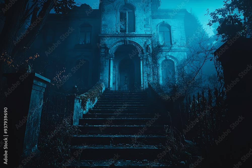 A hauntingly beautiful abandoned mansion shrouded in mist, illuminated by eerie blue light, creating a chilling atmosphere. A hauntingly beautiful abandoned mansion shrouded in mist, illuminated by eerie blue light, creating a chilling atmosphere.