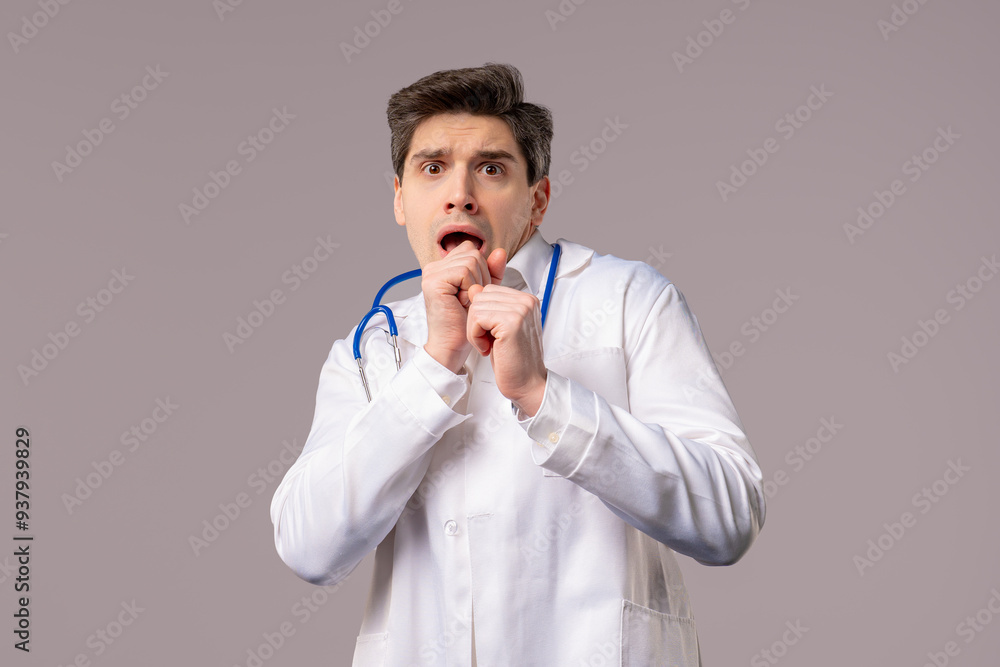 Frightened Doctor Man On White Backdrop. Phobia, Trouble, Panic. Scary News Frightened Doctor Man On White Backdrop. Phobia, Trouble, Panic. Scary News