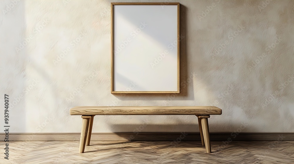 Elegant Minimalist Wooden Bench Displaying a Gold-Framed Canvas on a Beige Wall – Perfect Poster for Contemporary Interiors or Artistic Spaces Elegant Minimalist Wooden Bench Displaying a Gold-Framed Canvas on a Beige Wall – Perfect Poster for Contemporary Interiors or Artistic Spaces