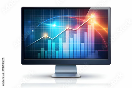 Flat Desktop Monitor with Holographic Sales Graph concept as Horizontal shot of a desktop monitor on a white background with a glowing holographic sales graph floating above the screen offering a tech