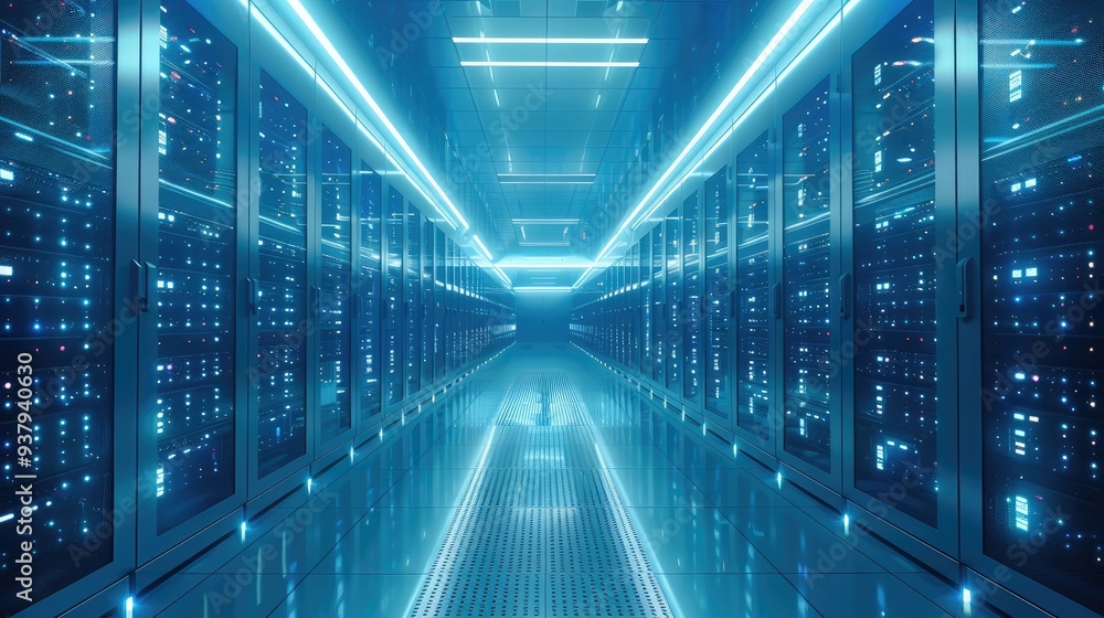 A modern data center with rows of servers with lots of flashing lights, with a wall display in the distance of large monitors depicting a network operations control center, blue tones. Generative AI. A modern data center with rows of servers with lots of flashing lights, with a wall display in the distance of large monitors depicting a network operations control center, blue tones. Generative AI.