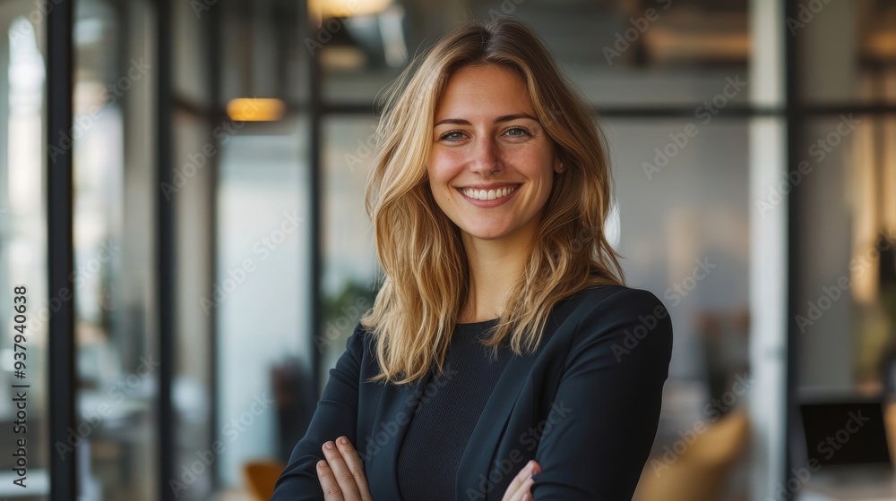 Confident businesswoman smiling in a modern office with glass walls, embodying professionalism and success. Confident businesswoman smiling in a modern office with glass walls, embodying professionalism and success.