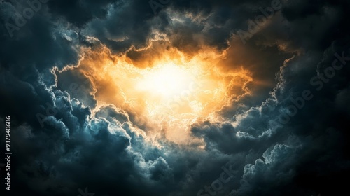 Dramatic sky with dark clouds and a radiant light emerging from the center, creating a captivating and mysterious atmosphere.