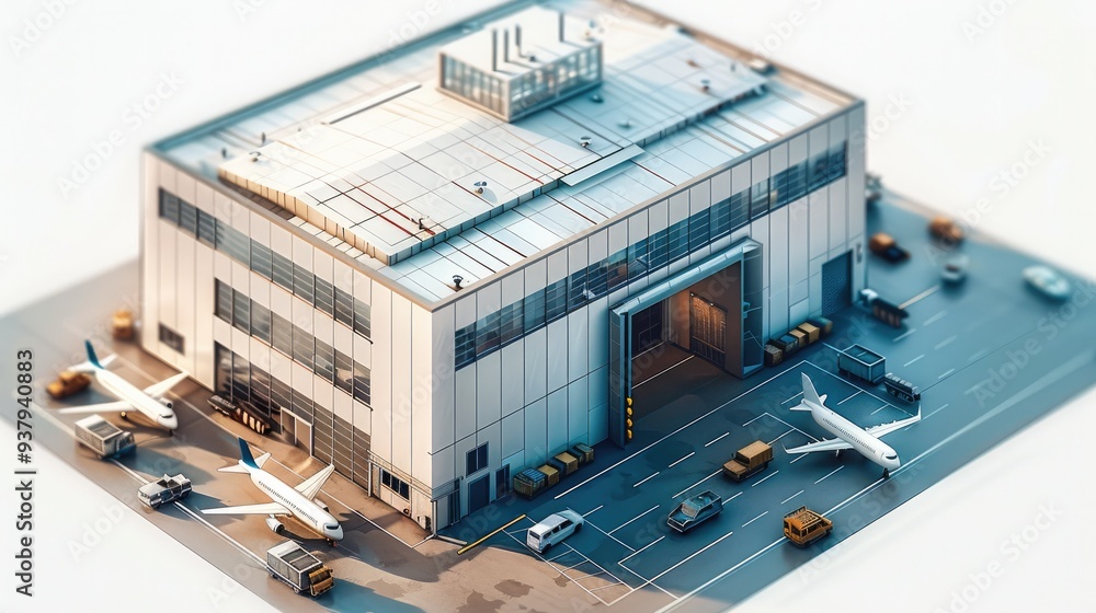 Isometric, 3D, modern aviation workshop building. Generative AI. Isometric, 3D, modern aviation workshop building. Generative AI.