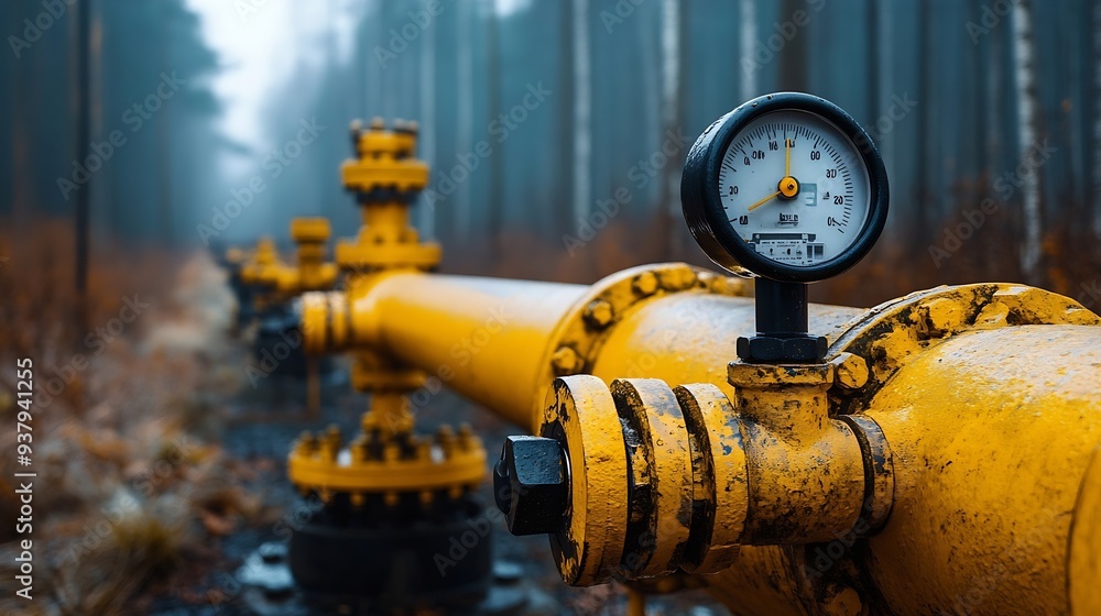Natural gas pumping station among the spring fields Yellow pipes pressure gauges and valves elements of the natural gas transmission installation : Generative AI Natural gas pumping station among the spring fields Yellow pipes pressure gauges and valves elements of the natural gas transmission installation : Generative AI