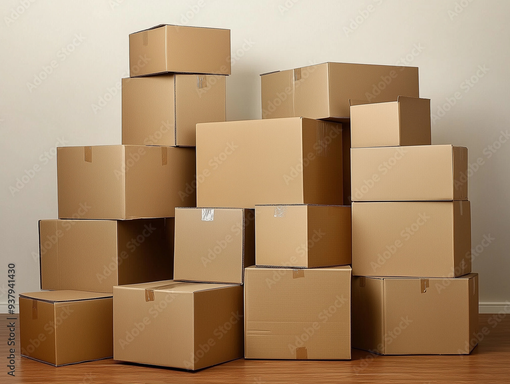 Stacked cardboard boxes in a modern living room, suggesting moving or delivery, with natural light streaming in. Ideal for themes of relocation, organization, or home improvement. Stacked cardboard boxes in a modern living room, suggesting moving or delivery, with natural light streaming in. Ideal for themes of relocation, organization, or home improvement.