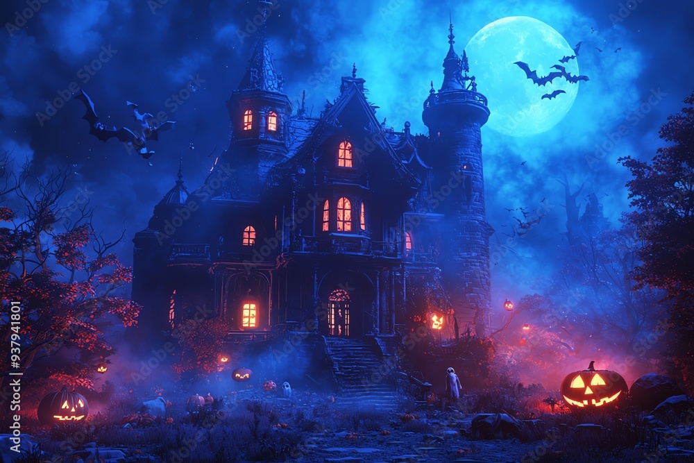 A spooky Halloween night featuring a haunted mansion, eerie moonlight, bats, and glowing jack-o'-lanterns under a misty sky. A spooky Halloween night featuring a haunted mansion, eerie moonlight, bats, and glowing jack-o'-lanterns under a misty sky.