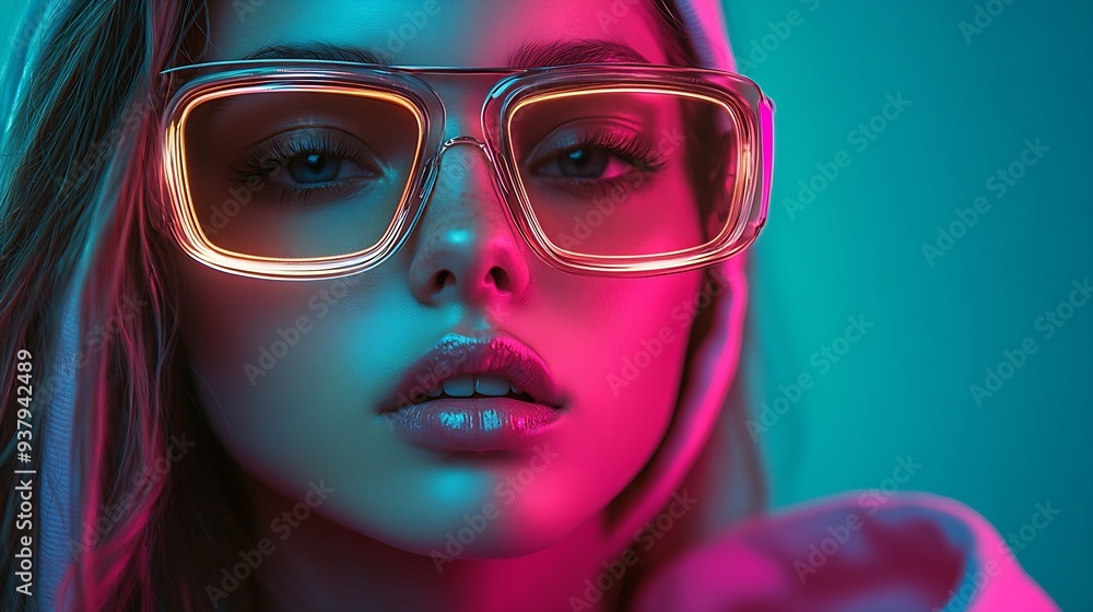 Mix of comfort and hightech fashion Young girl wearing holographic eyewear and casual hoodie against gradient green blue background in neon light Concept of modern fashion trends beaut : Generative AI Mix of comfort and hightech fashion Young girl wearing holographic eyewear and casual hoodie against gradient green blue background in neon light Concept of modern fashion trends beaut : Generative AI