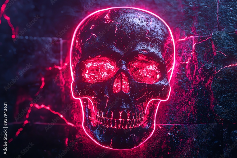 A striking skull illuminated by neon pink light, set against a dark background, perfect for creative and horror-themed projects. A striking skull illuminated by neon pink light, set against a dark background, perfect for creative and horror-themed projects.