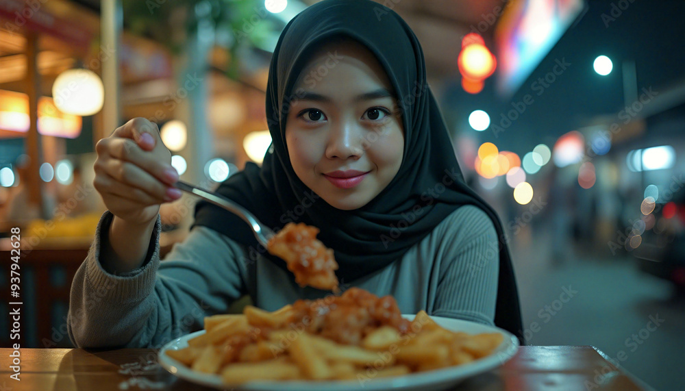 a malay women eating western food in a restaurant a malay women eating western food in a restaurant