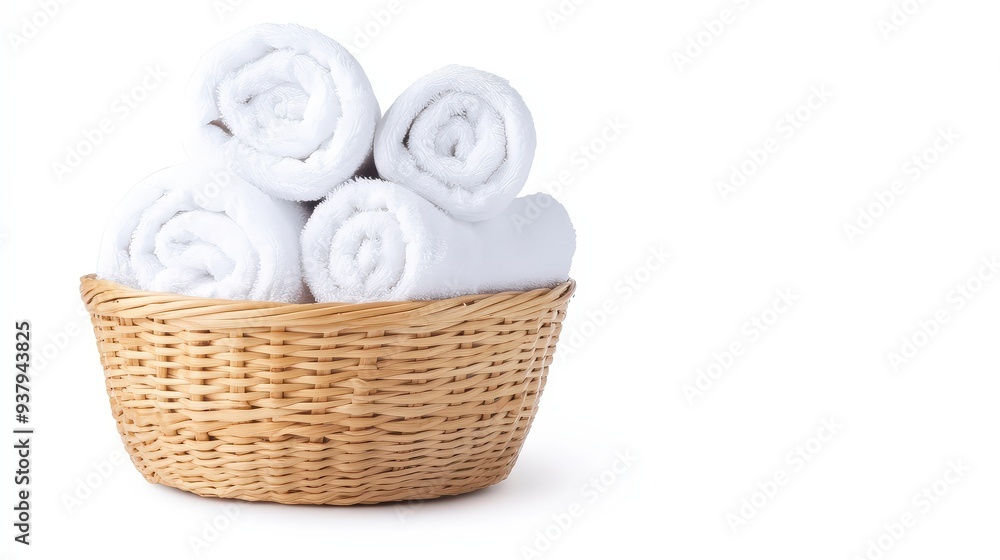 Rolled white towels in a woven basket on a white background. Rolled white towels in a woven basket on a white background.