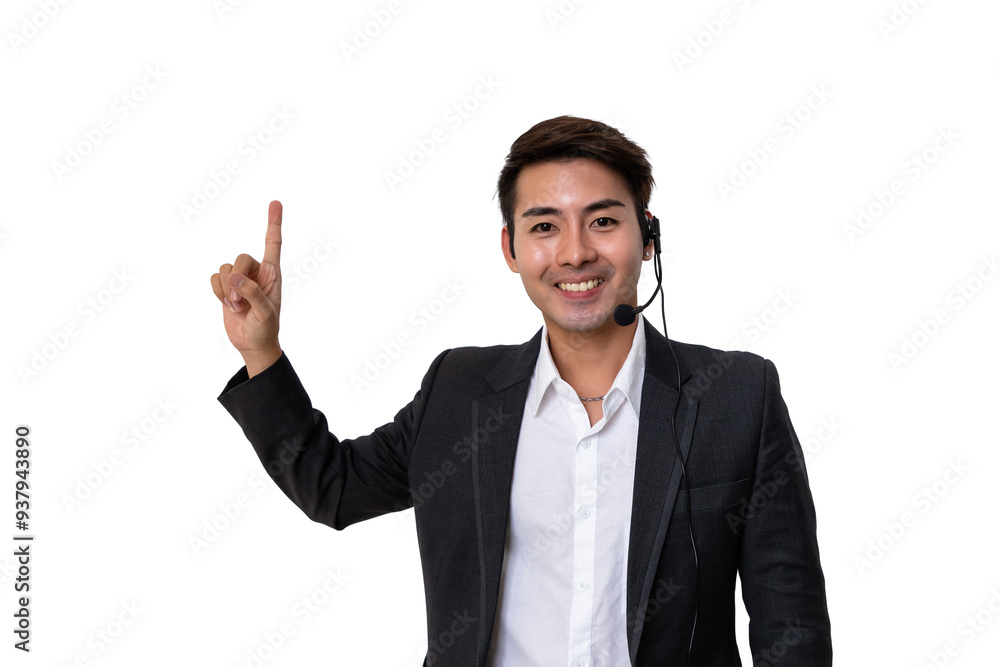 Asian male man call center agent in professional attire wearing headset and pointing up, looking at camera, on white background. Asian male man call center agent in professional attire wearing headset and pointing up, looking at camera, on white background.