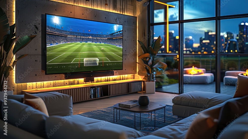 In the stadium, room VIP watch a football match. The wall TV is showing a football match. The football match scene is visible outside the window, and it appears in the room. Generative AI. In the stadium, room VIP watch a football match. The wall TV is showing a football match. The football match scene is visible outside the window, and it appears in the room. Generative AI.