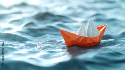 A vibrant origami boat floats gracefully on tranquil water, showcasing the beauty of paper art and nature's serenity.