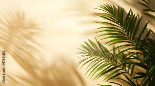 Natural palm leaf shadow on light beige sandy color background banner with copyspace Summer minimal concept daylight in sunny day top view plant sun shade nature environment pattern ne : Generative AI