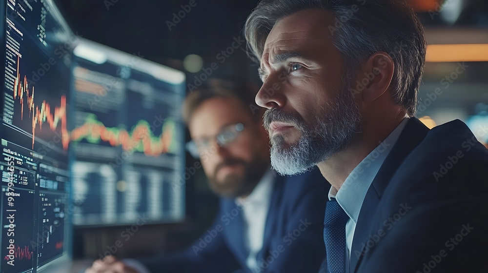 Two busy business men analysts consulting thinking on digital finance forecast using laptop in office Stock exchange market traders investors working on financial trading charts analys : Generative AI Two busy business men analysts consulting thinking on digital finance forecast using laptop in office Stock exchange market traders investors working on financial trading charts analys : Generative AI
