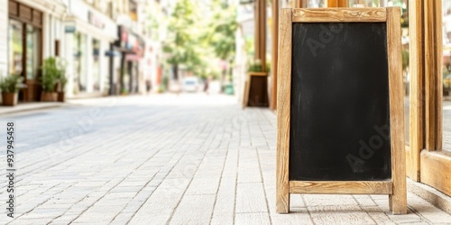 Sidewalk blackboard sign mock up stands on a cobblestone sidewalk in a lively city