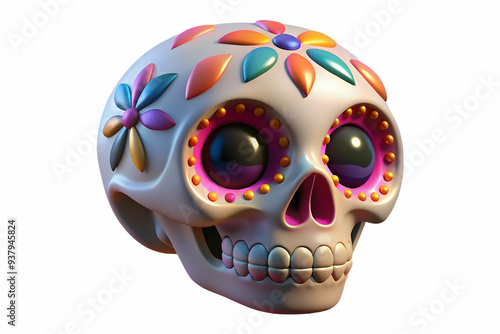 Flat Glossy Skull with Holographic Papel Picado concept as Mid shot of a glossy skull with holographic papel picado hanging above isolated on a white background creating a vibrant and cultural Dia de 