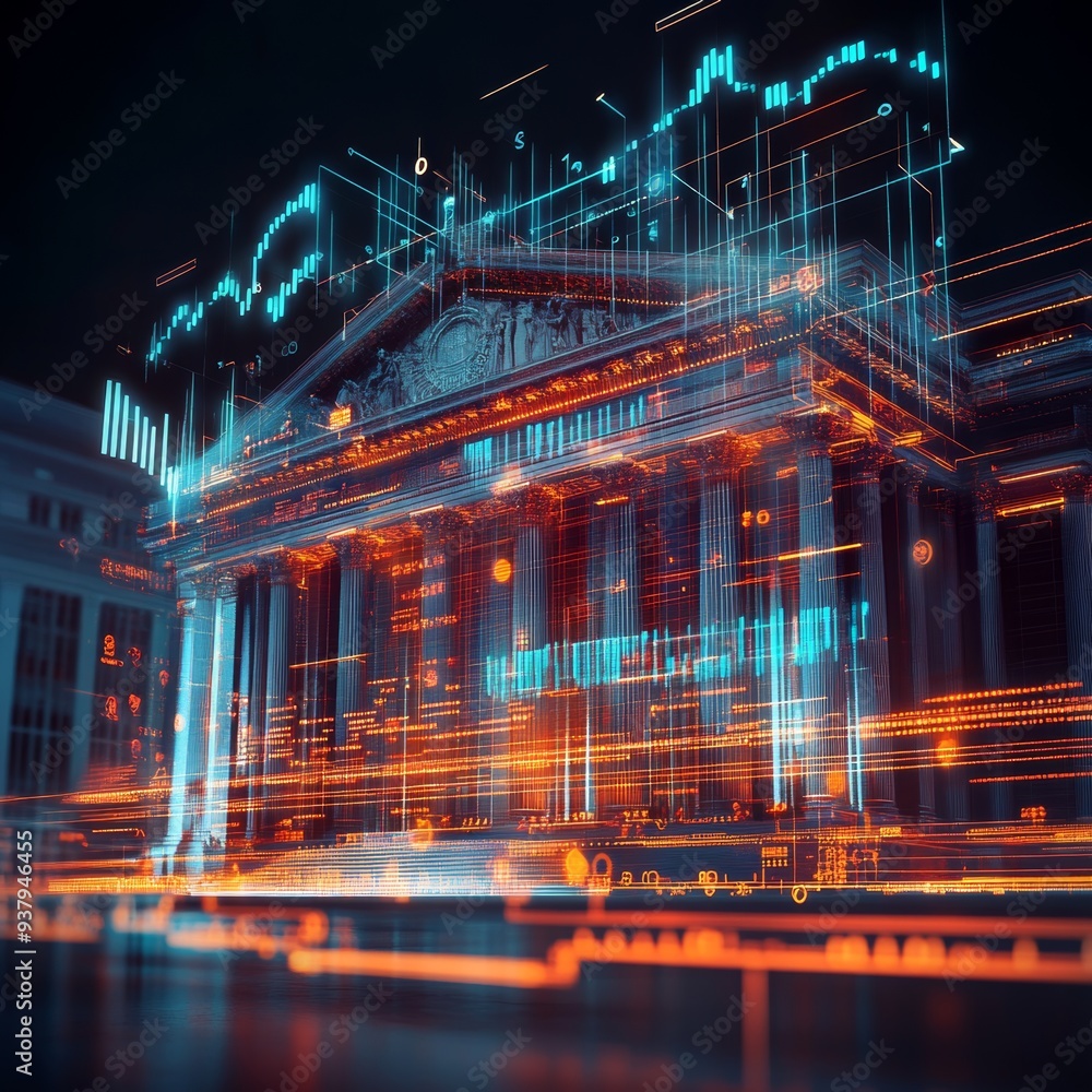 9. Government building with holographic projections of economic data and policy changes, concept of national economic planning 9. Government building with holographic projections of economic data and policy changes, concept of national economic planning
