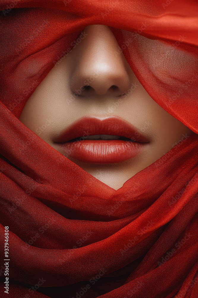Red Fabric Face, A calm face covered in flowing red fabric, representing beauty, passion, and intrigue, creating a captivating visual display Red Fabric Face, A calm face covered in flowing red fabric, representing beauty, passion, and intrigue, creating a captivating visual display