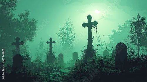 Eerie graveyard scene under a misty green light, featuring old gravestones and haunting silhouettes of trees.