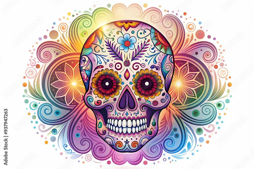 Flat Glowing Calavera Skull in Abstract Digital Light concept as A vibrant digital artwork featuring a glowing calavera skull surrounded by swirling neon lights and abstract patterns representing the Flat Glowing Calavera Skull in Abstract Digital Light concept as A vibrant digital artwork featuring a glowing calavera skull surrounded by swirling neon lights and abstract patterns representing the