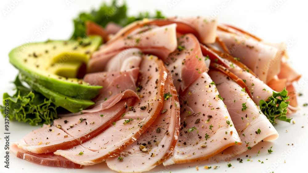 turkey ham on crushed avocado peppercorns in a white background turkey ham on crushed avocado peppercorns in a white background