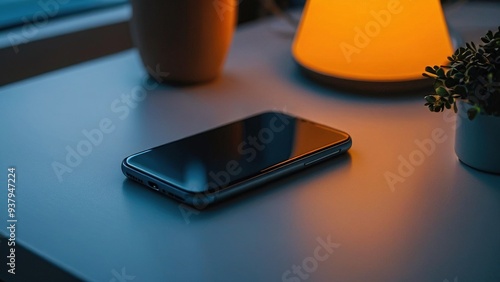 A black smartphone lies on a white table with a lamp and plants in the background.