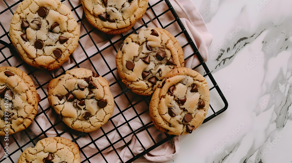 Freshly baked chocolate chip cookies cooling on a wire rack in a cozy kitchen Freshly baked chocolate chip cookies cooling on a wire rack in a cozy kitchen