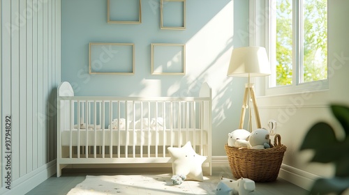 Serene Nursery Poster: Embrace Tranquility with a Sleek White Crib, Pastel Fabrics, and Soft Lighting for a Calming Atmosphere in Your Baby's Room