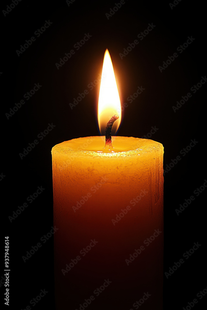 Candle Flame,  A close-up view of a single candle's light and flame against a black background, creating a warm and inviting atmosphere