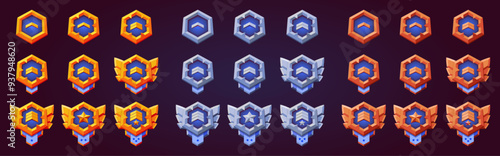 Game level up achievement rank collection. Vector flat metallic gold, silver, bronze emblem for progress and award. Progress insignia, victory, award, conquest. Fantasy, rpg game.
