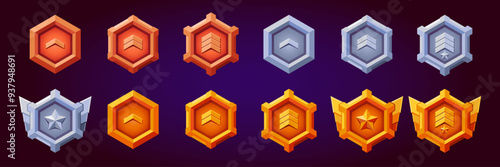 Level game rank badges set. 12 Realistic vector of silver, bronze, gold hexagon with level progress symbol. Realistic flat design. Metallic style. Progress and awards. photo