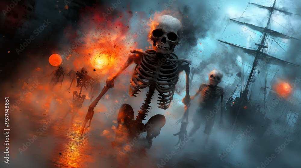 Fototapeta premium Skeletons Walking On Water With Sunsets And A Ghost Ship