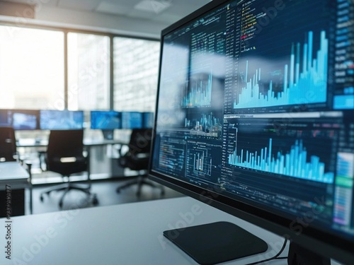 A close-up view of a computer monitor displaying data and charts in a modern office. The monitor is in focus, with the office in the background blurred.