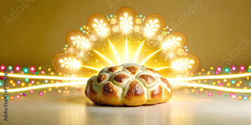 Flat Glowing Pan de Muerto in Digital Abstract Patterns concept as A digital artwork showcasing a glowing pan de muerto surrounded by abstract patterns and light trails representing the fusion of trad photo