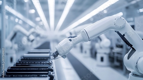 Row of White Robotic Arms at Modern Factory LithiumIon EV Battery Pack Production at Automated Assembly Line at Bright Factory Equipped With Industrial Robot Arms Electric Car Manufact : Generative AI photo