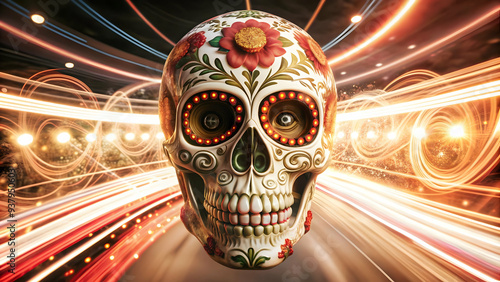 Flat Glowing Sugar Skull with Digital Light Trails concept as A digital artwork showcasing a glowing sugar skull surrounded by flowing light trails set against an abstract background. The design empha photo