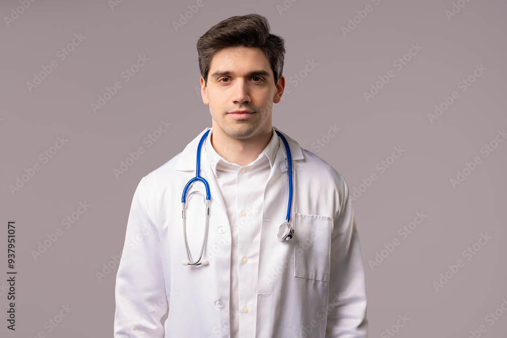 Portrait of serious handsome mature doctor man in medical coat on white studio Portrait of serious handsome mature doctor man in medical coat on white studio