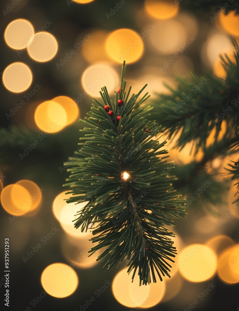 Pine branch adorned with soft glowing lights, festive winter decor, cozy Christmas atmosphere, evergreen charm, holiday warmth, natural elegance. Pine branch adorned with soft glowing lights, festive winter decor, cozy Christmas atmosphere, evergreen charm, holiday warmth, natural elegance.