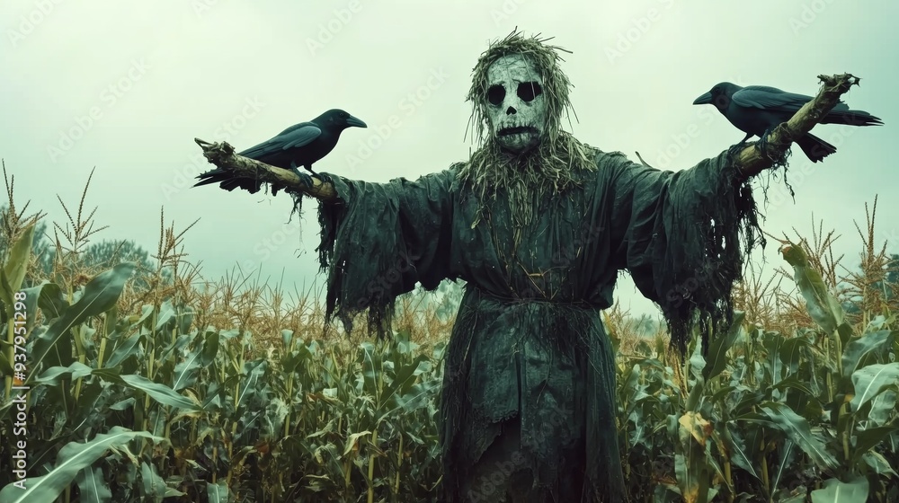 Fototapeta premium Crows and Scarecrow in Eerie Field