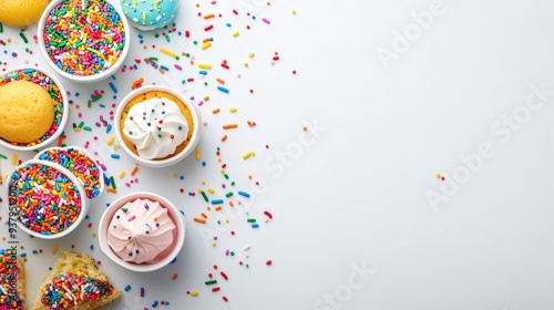 Colorful sprinkles and cupcakes on a white background.