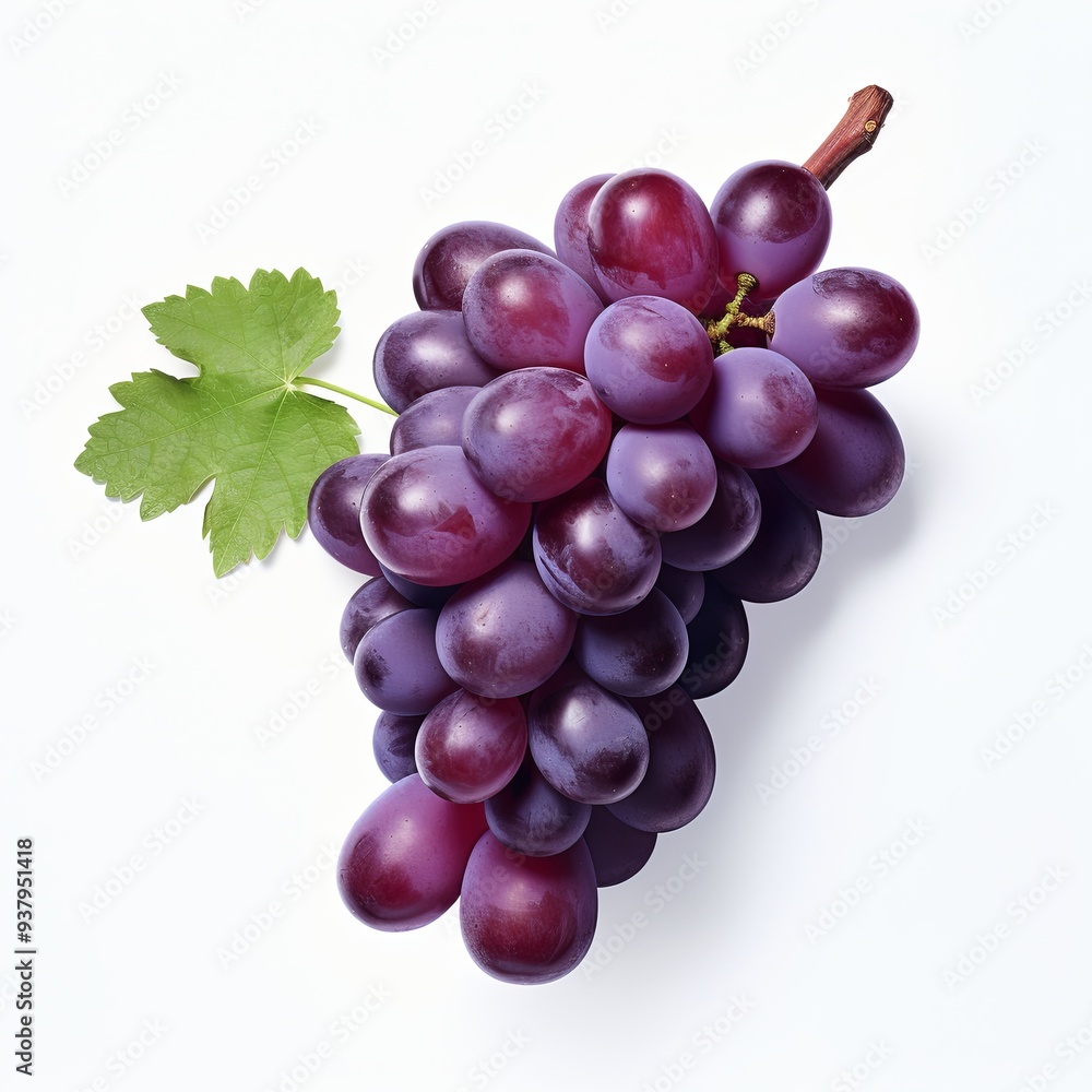 A bunch of ripe red grapes with green leaves on a white background. A bunch of ripe red grapes with green leaves on a white background.