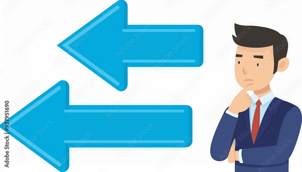 Vector illustration of a thinking asian cartoon businessman trying to make a decision with blue arrows isolated on white background Vector illustration of a thinking asian cartoon businessman trying to make a decision with blue arrows isolated on white background